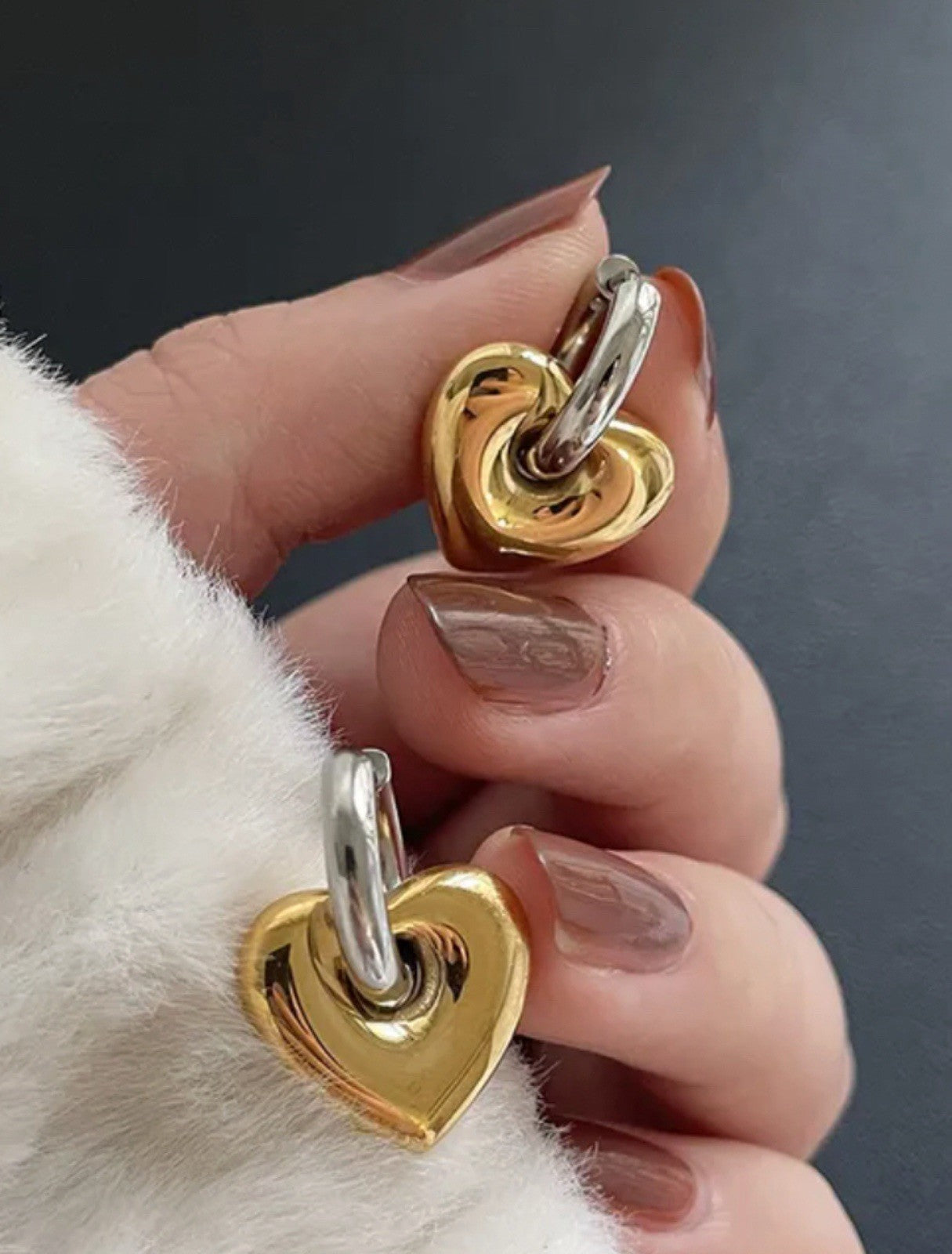 Silver Stainless Steel Gold Puffy Heart Charm Hoop Earrings2