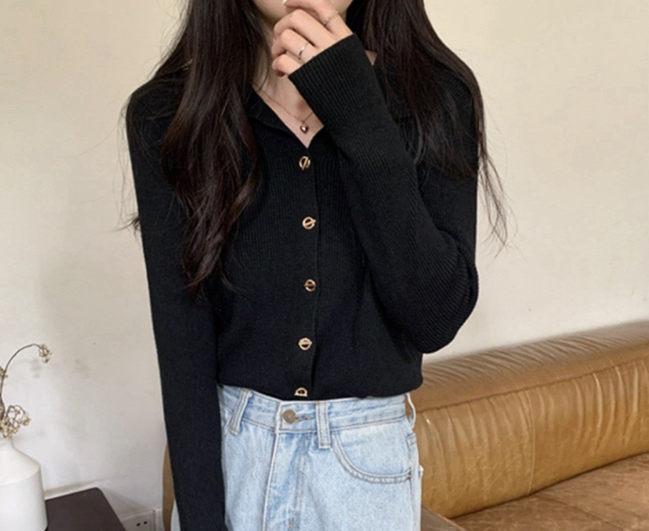 Black Ribbed Gold Button Hooks Women’s Elegant Sweater Size S1