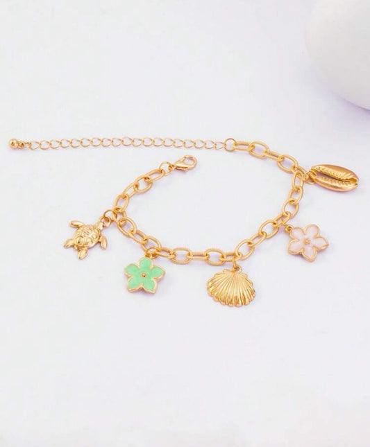 Gold Stainless Steel Colorful Flowers Shells And Beach Charms Bracelet0