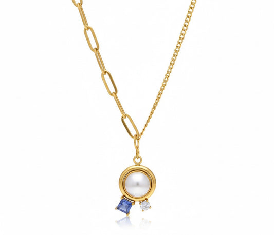 Gold Plated Stainless Steel Pearl Blue Glass Stone Pendant Necklace0