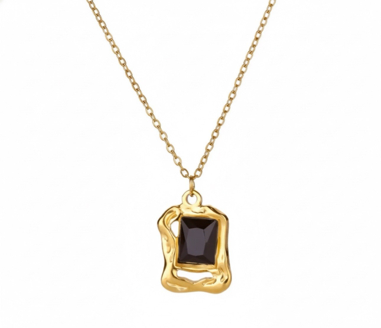 Gold Plated Stainless Steel Black Glass Rectangle Pendant Necklace0