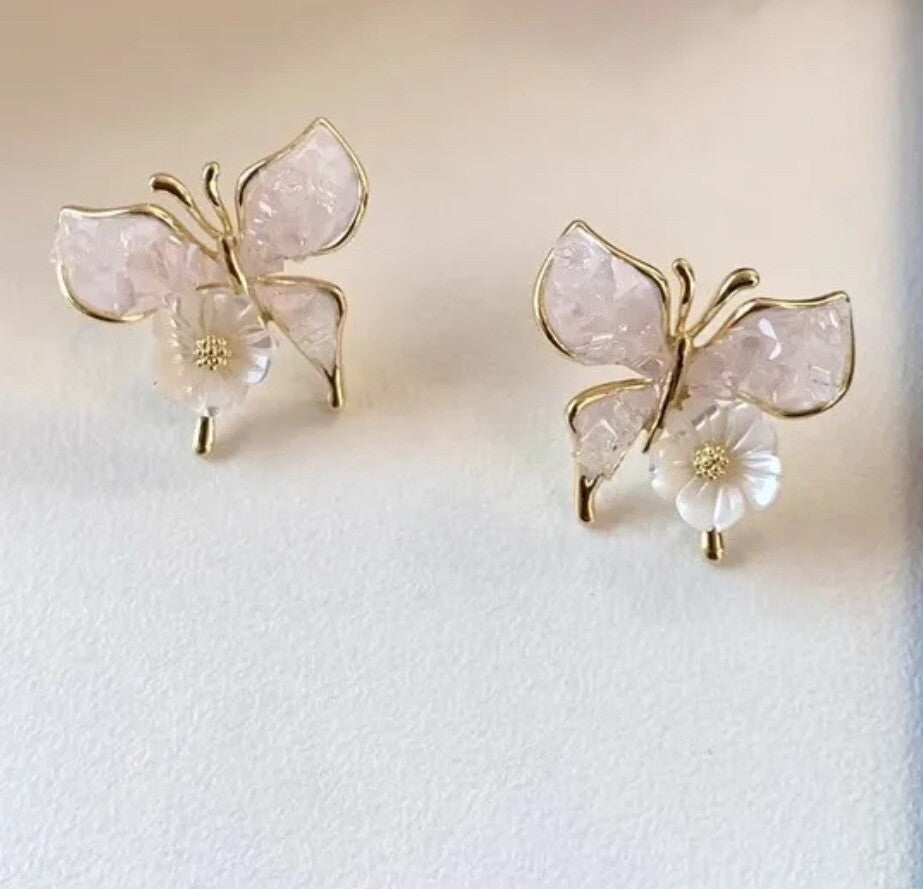 Powder Pink Glass Stones Gold Floral Butterfly Stud Earring0