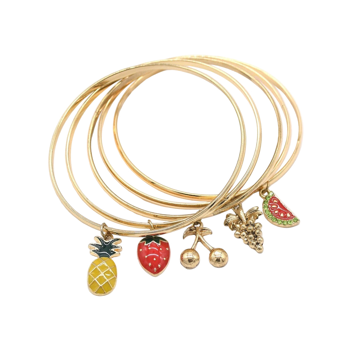 Gold 5 Piece Set Enamel Fruit Charm Bangles0