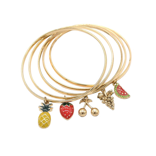 Gold 5 Piece Set Enamel Fruit Charm Bangles0