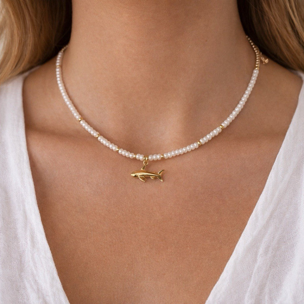 Handmade White Beaded Charm Necklace Gold Shark Pendant Jewelry1