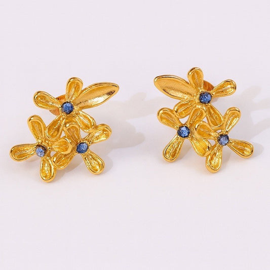 Gold Plated Stainless Steel Blue Cubic Zirconia Floral Stud Earrings0