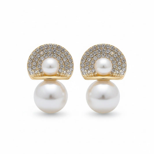 Gold Tone Cubic Zirconia Luxury Double Pearl Stud Earrings0