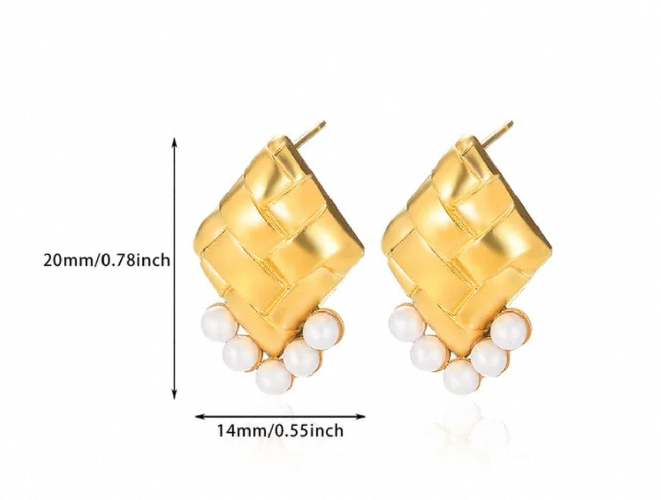 Gold Plated Stainless Steel Woven Quilted Diamond Pearl Cluster Stud Earrings1