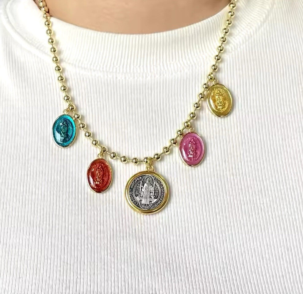Gold Plated St Benedict And Virgin Mary Multicolored Pendants Retro Necklace2