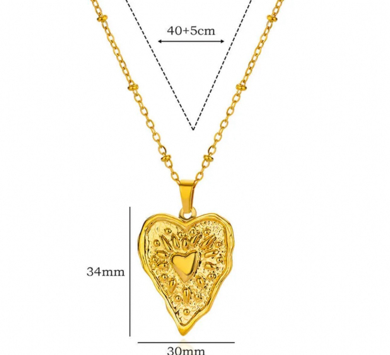 Gold Textured Stainless Steel Heart Pendant Necklace2