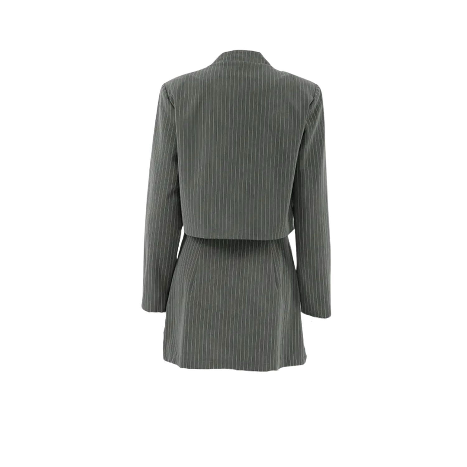 Grey Striped Matching Pleated Skirt And Long Sleeves Jacket Size S2