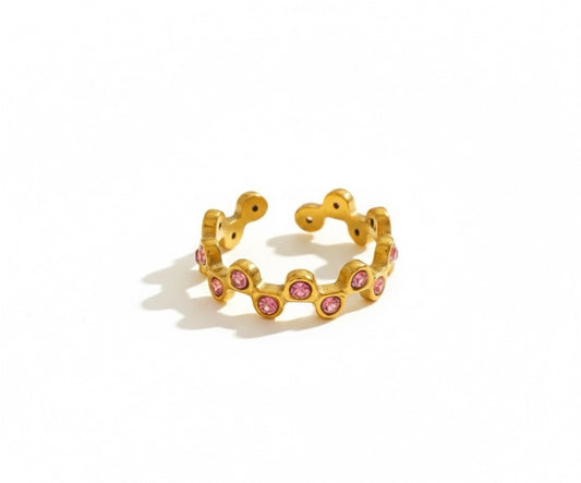 Gold Stainless Steel Pink Cubic Zirconia Scalloped Adjustable Wave Stack Ring0