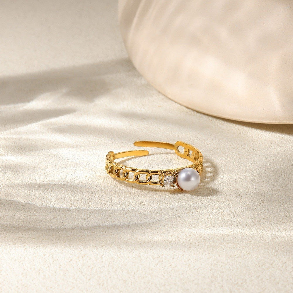 Gold Stainless Steel Pearl And Cubic Zirconia Adjustable Chain Style Ring2