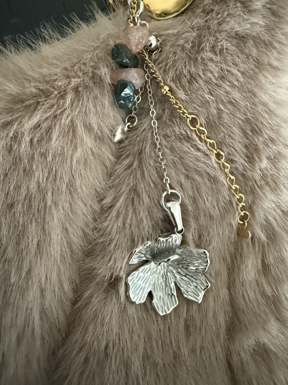 Beige Handmade Faux Fur Shoulder Chains And Semi Precious Stone Charm Purse2