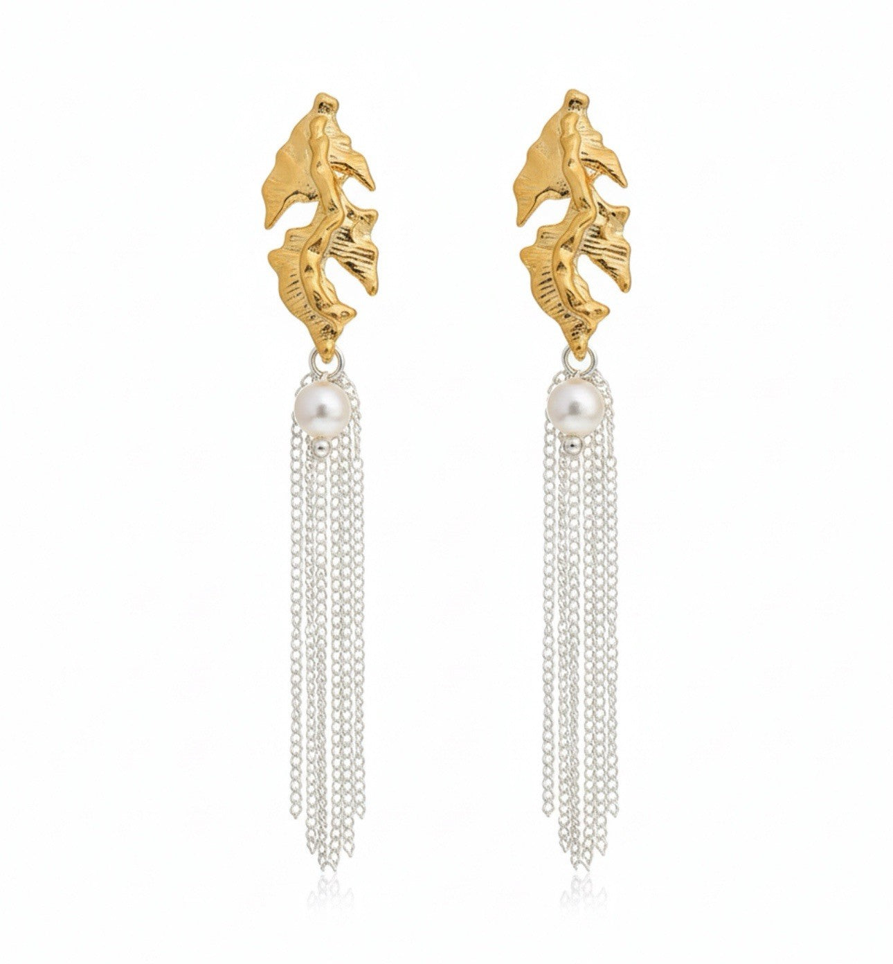 Gold Plated Leaf Tassels Silver Pearl Dangle Drop Earrings0