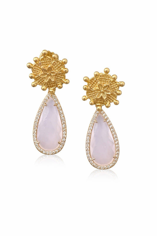 Handmade Gold Floral Teardrop Dangle Earrings Pink Stone Crystal Vintage Style0