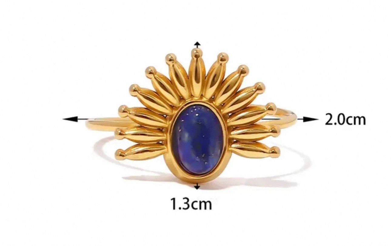 Gold Stainless Steel Semi Precious Lapis Lazuli Sunburst Adjustable Ring1