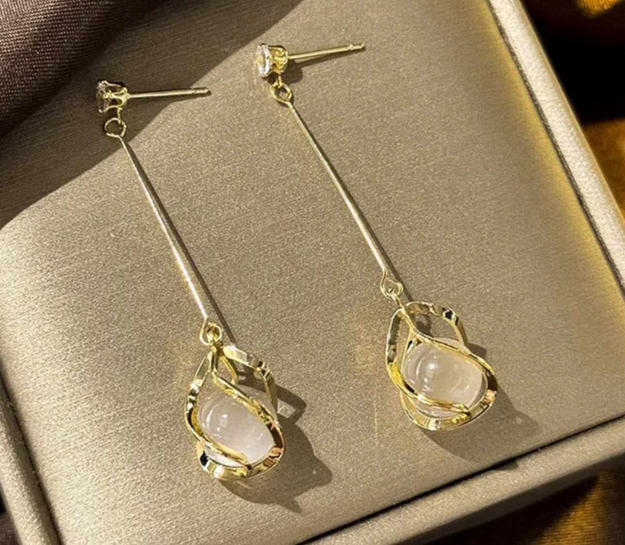 Long Dangle Gold Plated Drop Cats Eye Stone Earrings 1