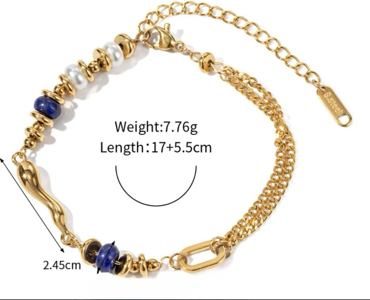 Chic Gold Plated Stainless Steel Double Chain Bracelet With Pearl & Blue Stones1
