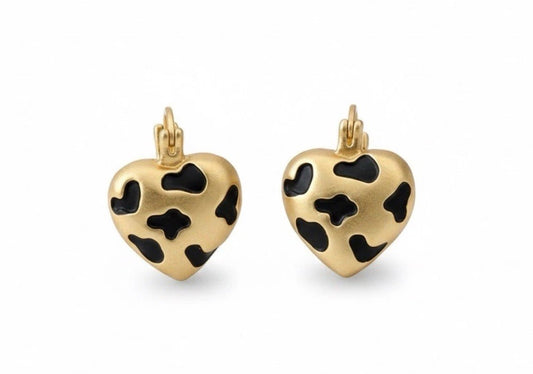 Gold Tone Chunky Heart Mini Black Cow Print Huggie Hoop Earrings0