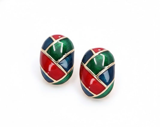 Vibrant Vintage Style Geometric Red Green Blue Enamel Gold Tone Stud Earrings0