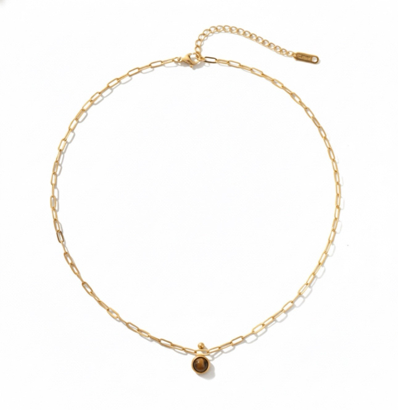 Gold Plated Stainless Steel Round Tiger Eye Pendant Necklace0