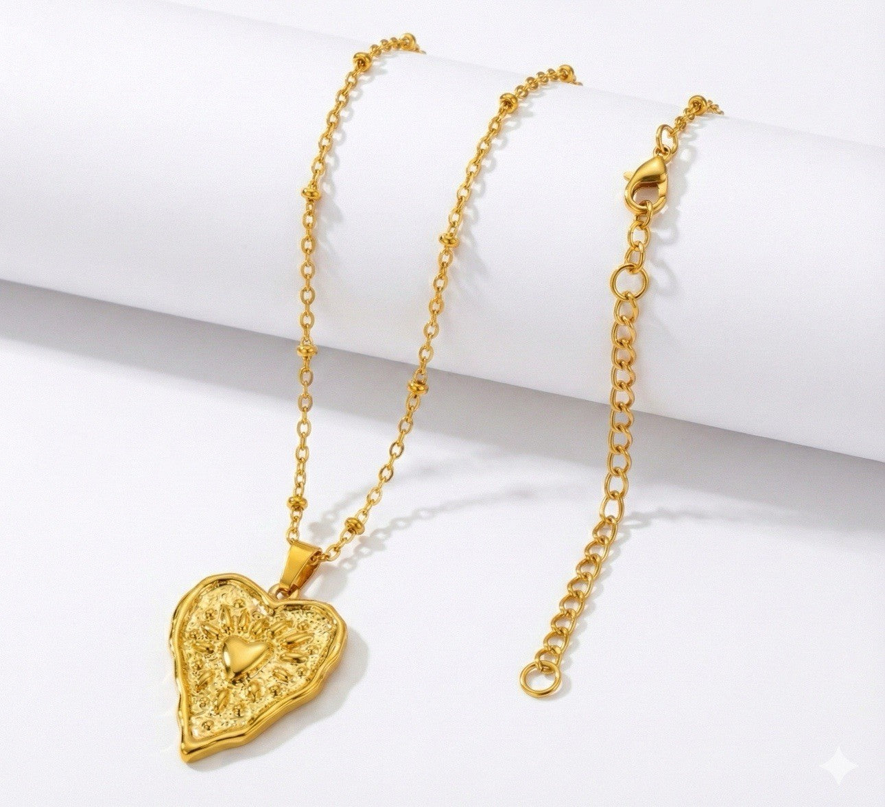 Gold Textured Stainless Steel Heart Pendant Necklace1