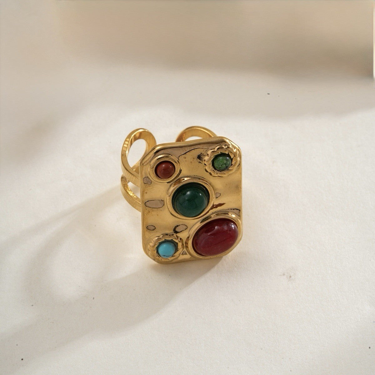 Gold Plated Stainless Steel Multicoloured Stones Adjustable Rectangular Ring0