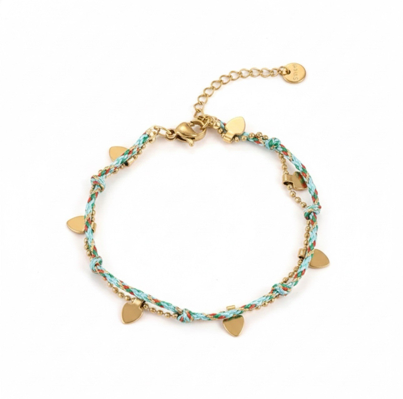 Turquoise Blue Stainless Steel Woven Cord Delicate Heart Charms Layer Bracelet0