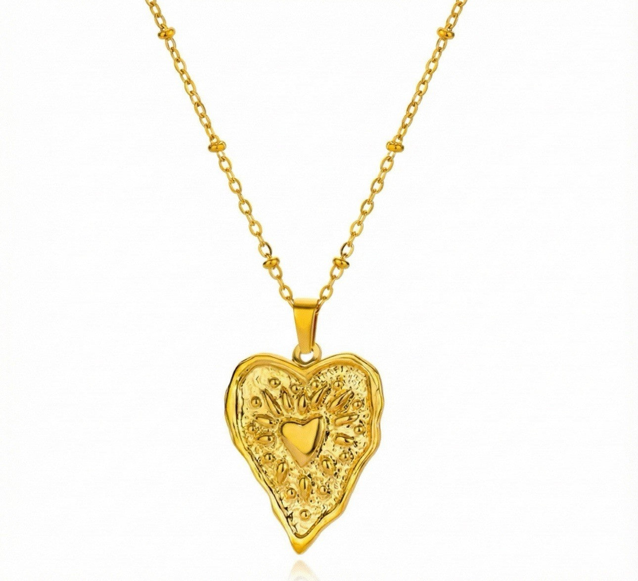 Gold Textured Stainless Steel Heart Pendant Necklace0