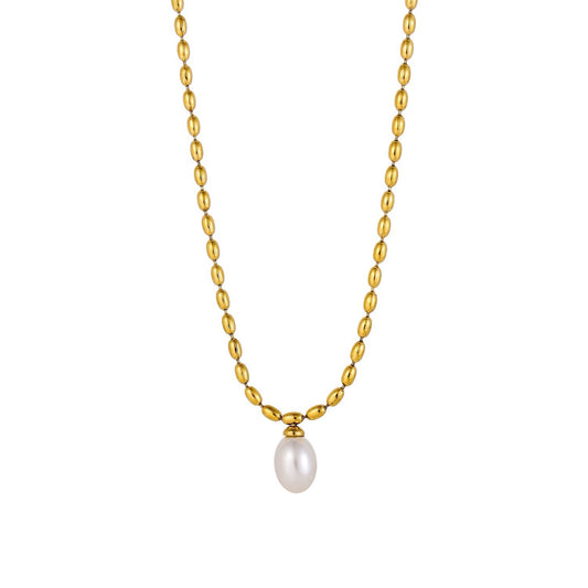 Gold Plated Stainless Steel Pearl Pendant Necklace0