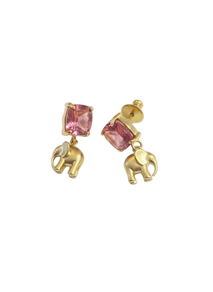 Handmade Gold Plated Pink Rubellite Quartz Stone Elephant Drop Earrings0