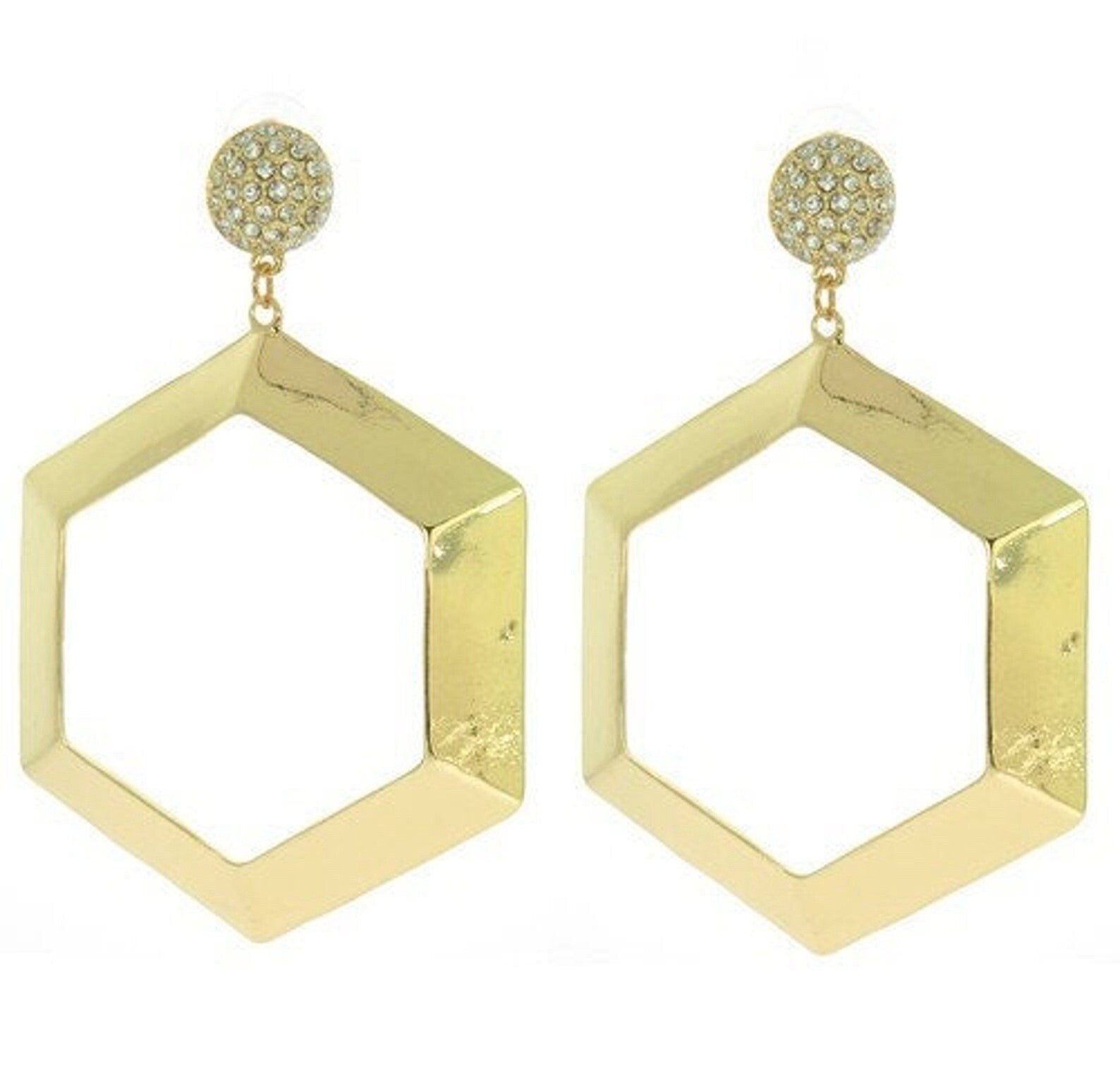 Gold Hexagon With Rhinestones Post Statement Drop Earring0