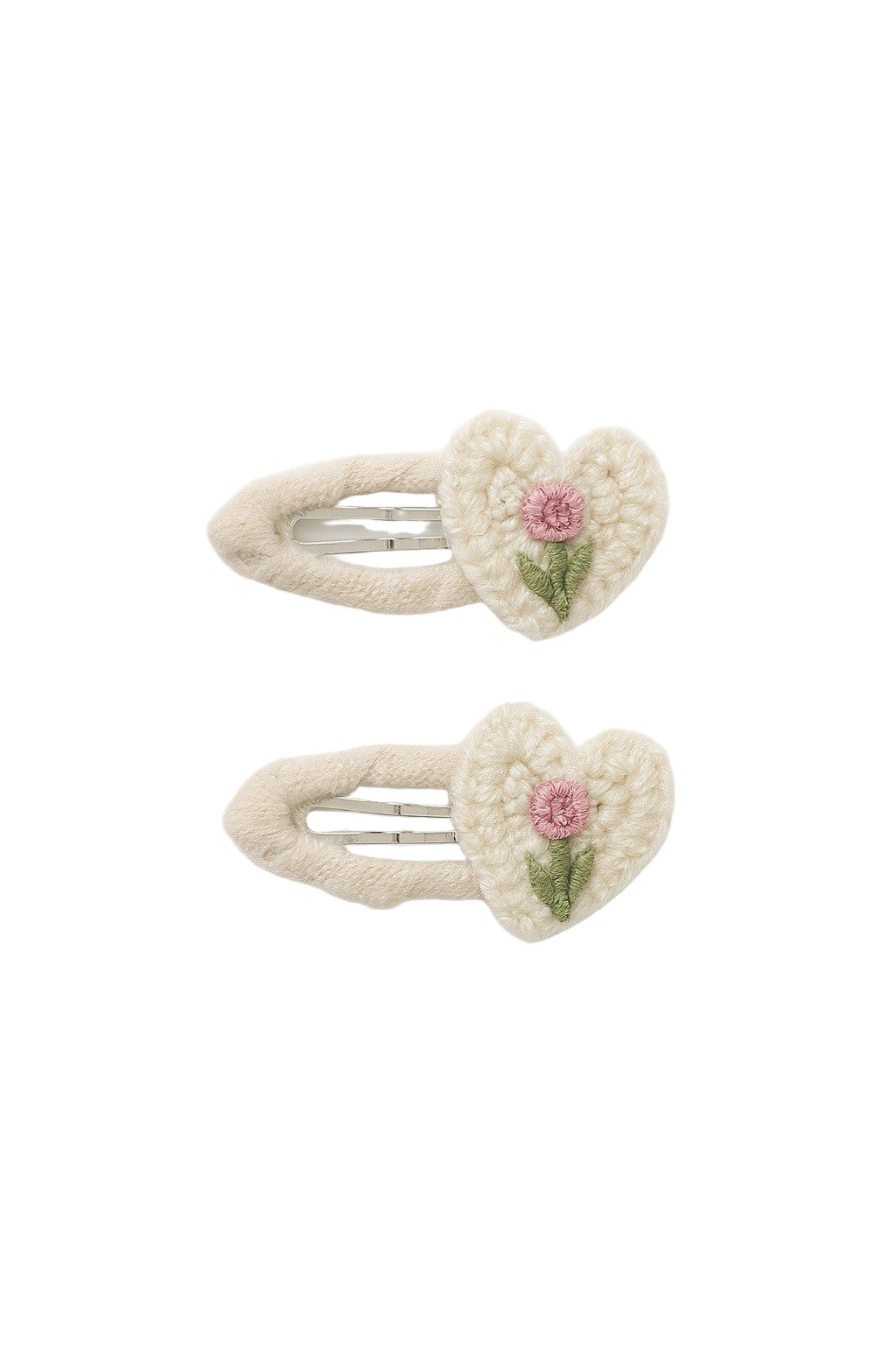 White Heart Flower Crochet Fabric 2 Piece Hair Clip Set0