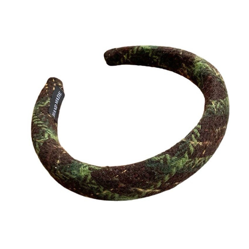Green Brown Plaid Padded Wool Style Headband0