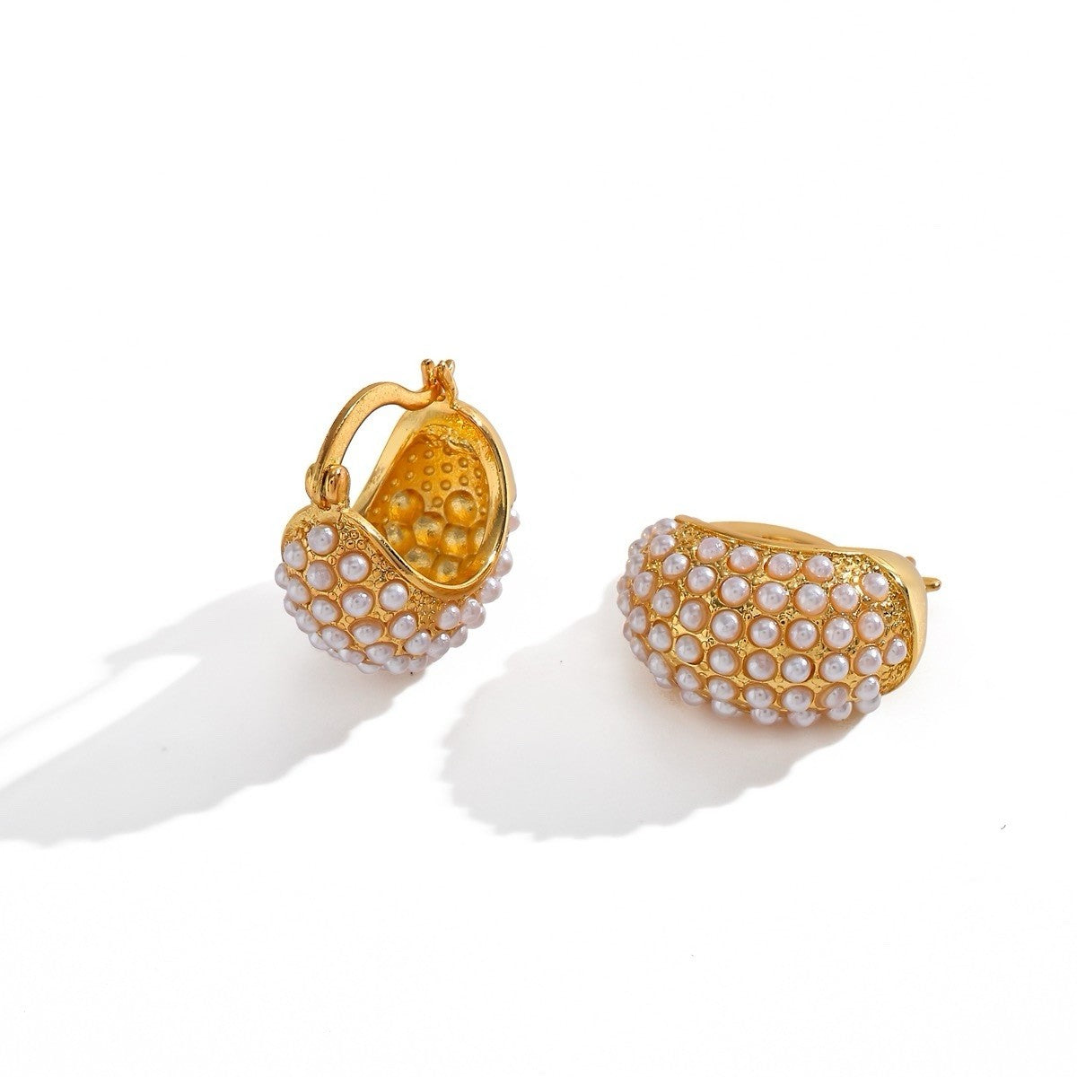 Gold Plated Curved Pearls Hoop Drop Earrings0