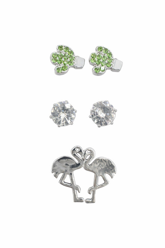 3 Pair Sud Earrings Stainless Steel Crystal Cactus Flamingo Stud Earrings Set0