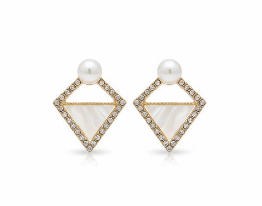 Elegant Gold Tone Pearl Diamond Shape Rhinestones Stud Earrings0