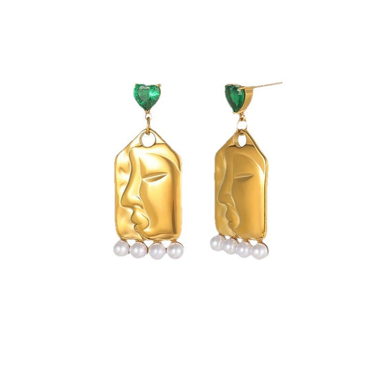 Gold Plated Stainless Steel Green Cubic Zirconia And Pearls Face Drop Earrings0