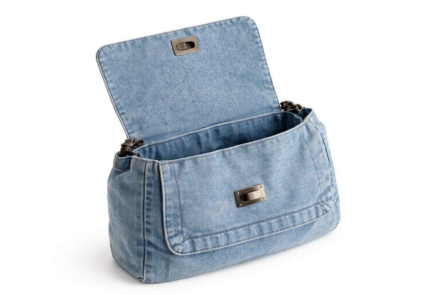 Handmade Denim Floral Embroidered Shoulder Blue Chain Strap Turn-Lock Handbag1