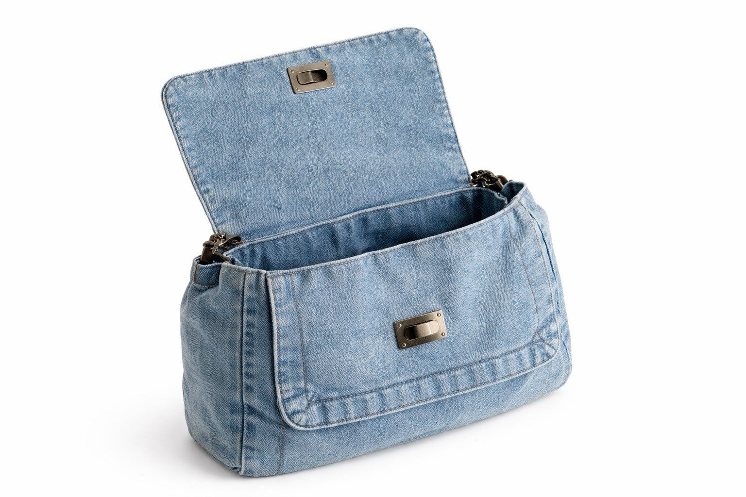 Handmade Denim Floral Embroidered Shoulder Blue Chain Strap Turn-Lock Handbag1