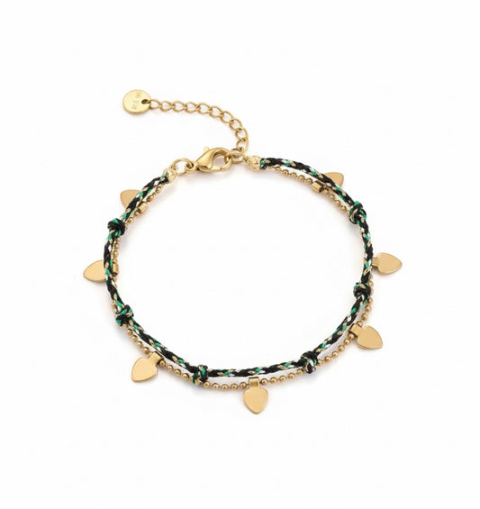 Black Green Stainless Steel Woven Cord Delicate Heart Charms Layer Bracelet0