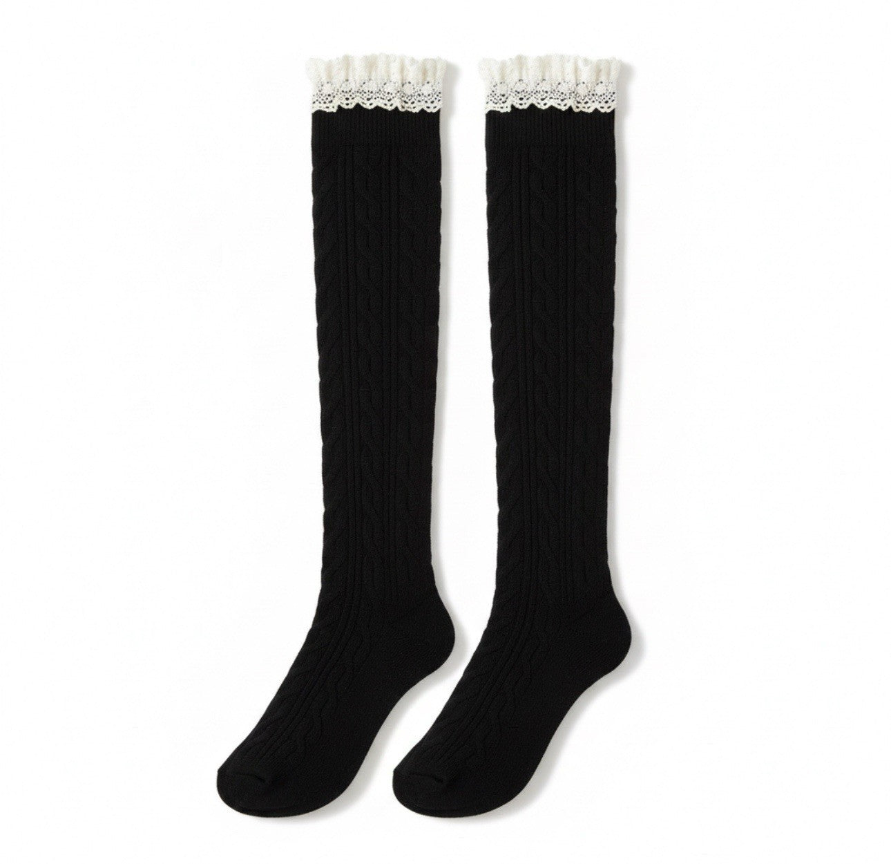 Black Knee High Cable Knit Cotton Polyester Blend Socks With Lace Trim0