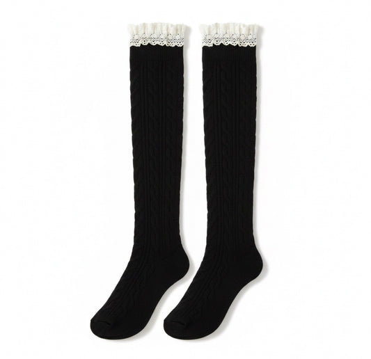 Black Knee High Cable Knit Cotton Polyester Blend Socks With Lace Trim0