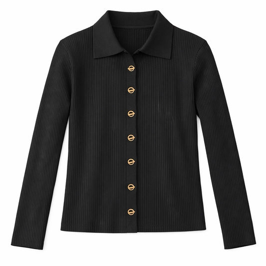 Black Ribbed Gold Button Hooks Women’s Elegant Sweater Size S0