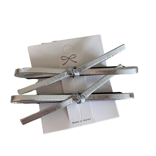 Silver Faux Leather Bow Hair Clip 2 Piece Set0