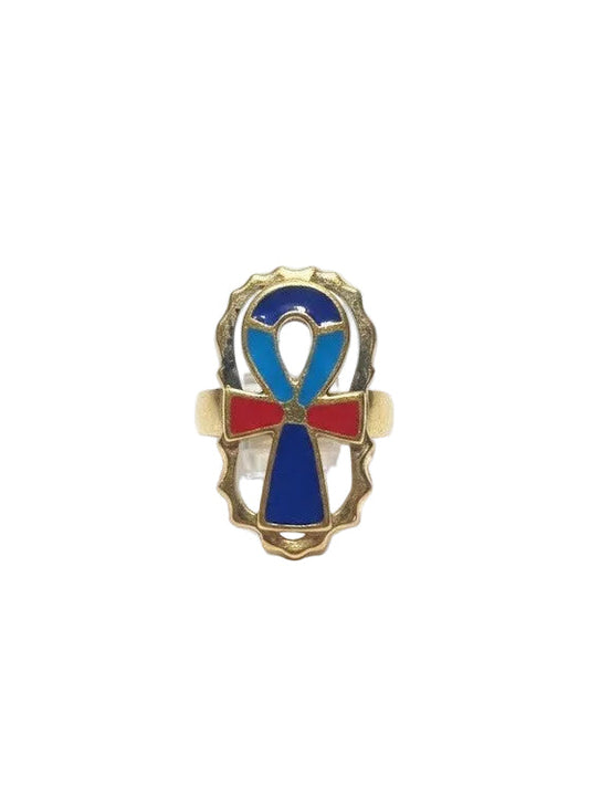 Egyptian Ankh Life Symbol Blue Enamel Gold Plated Brass Adjustable Ring0