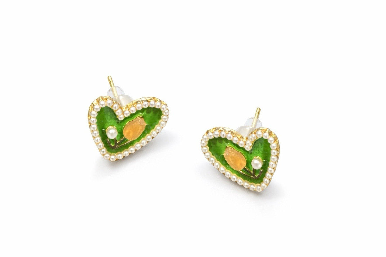 Green Enamel Heart Stud Earrings Gold Tone Faux Pearl Trim0