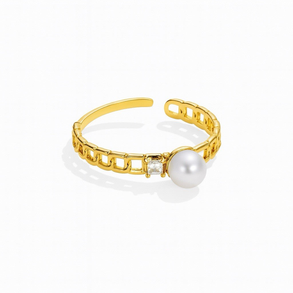 Gold Stainless Steel Pearl And Cubic Zirconia Adjustable Chain Style Ring0