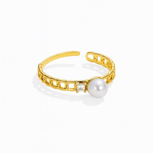 Gold Stainless Steel Pearl And Cubic Zirconia Adjustable Chain Style Ring0